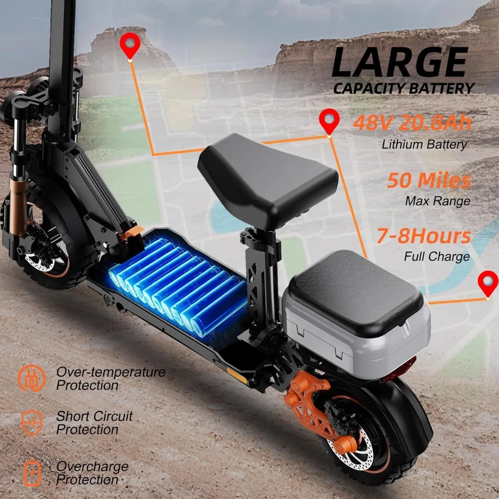 Electric Scooter with Seat - High-Speed Mobility | 1600W, UL Certified equipped with 48V 20.8Ah lithium battery offering 50-mile range and safety features.