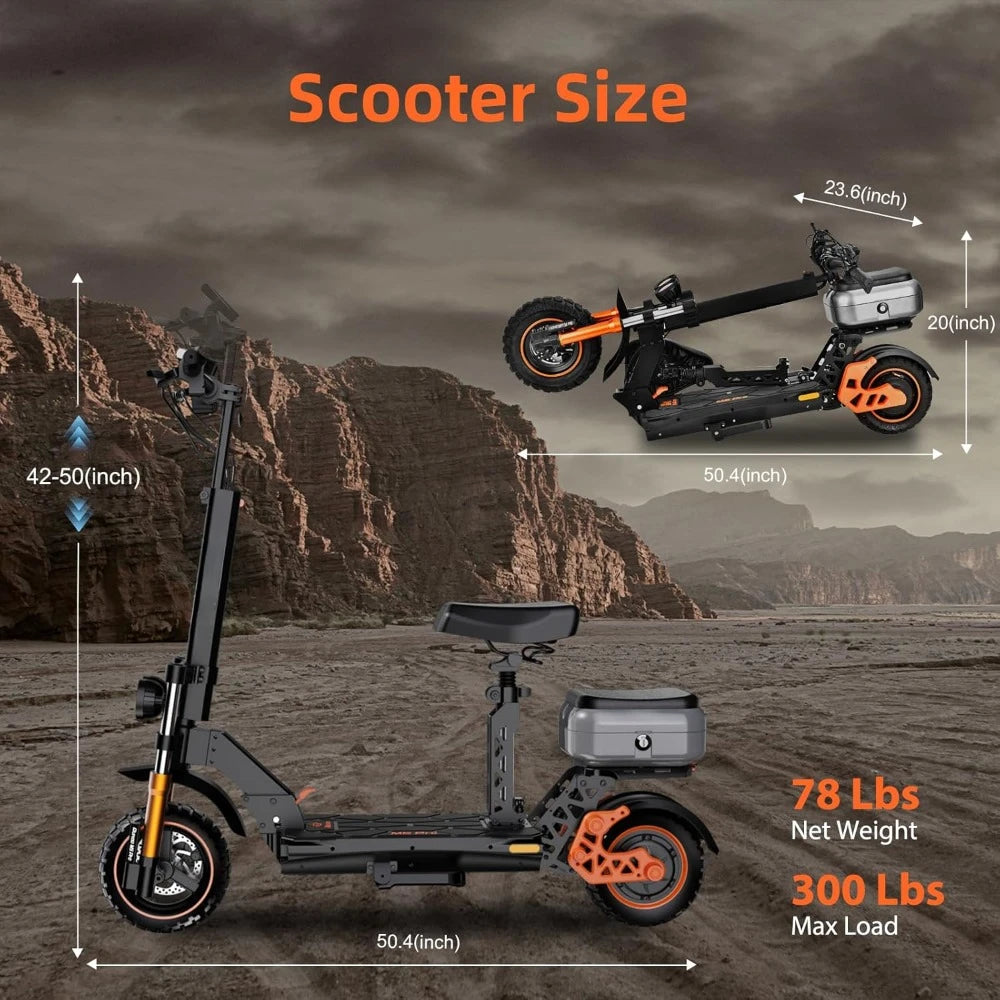 Electric Scooter with Seat - High-Speed Mobility | 1600W, UL Certified shown with folded and upright dimensions, supporting up to 300 lbs load.