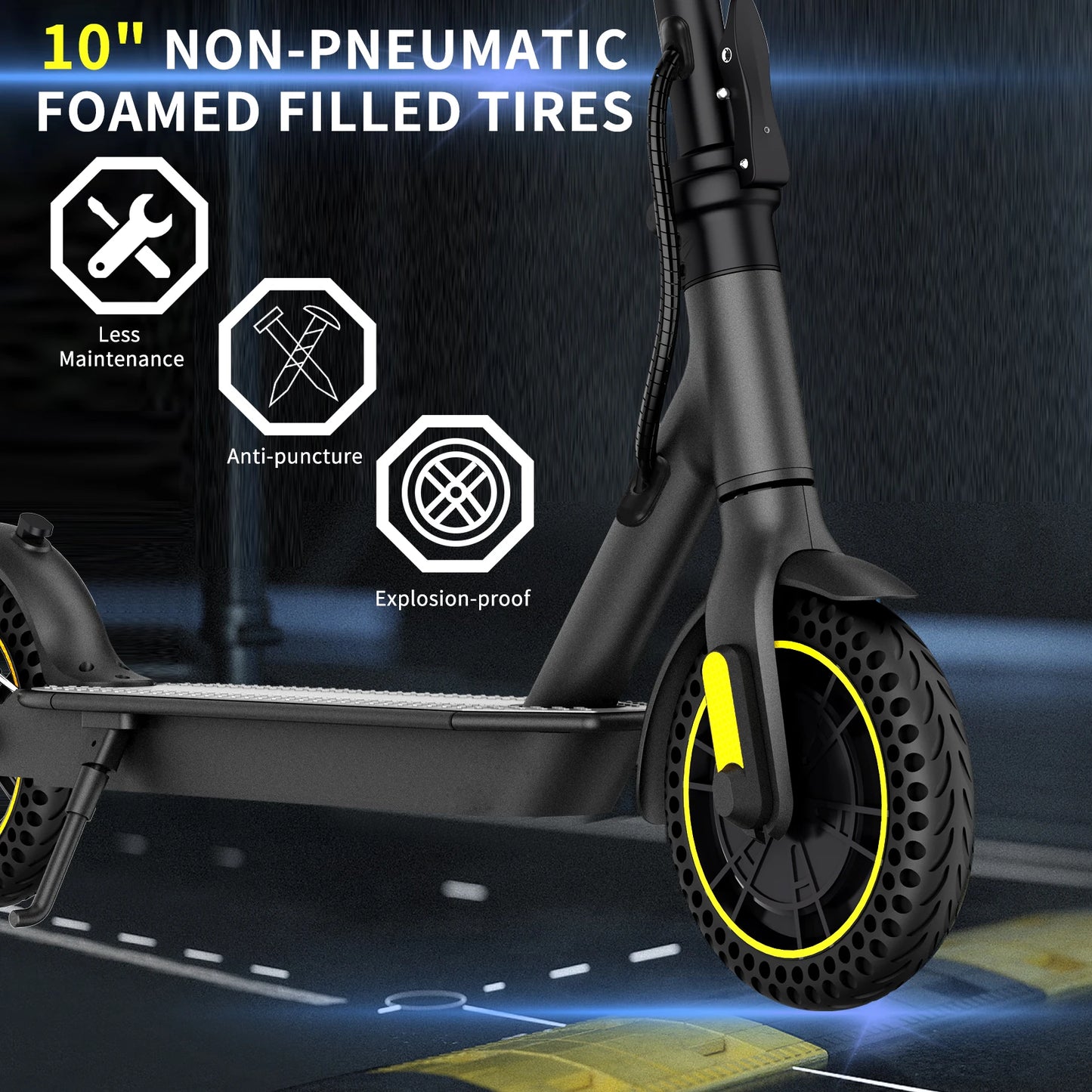 Close-up of 10-inch wheels on electric scooter
