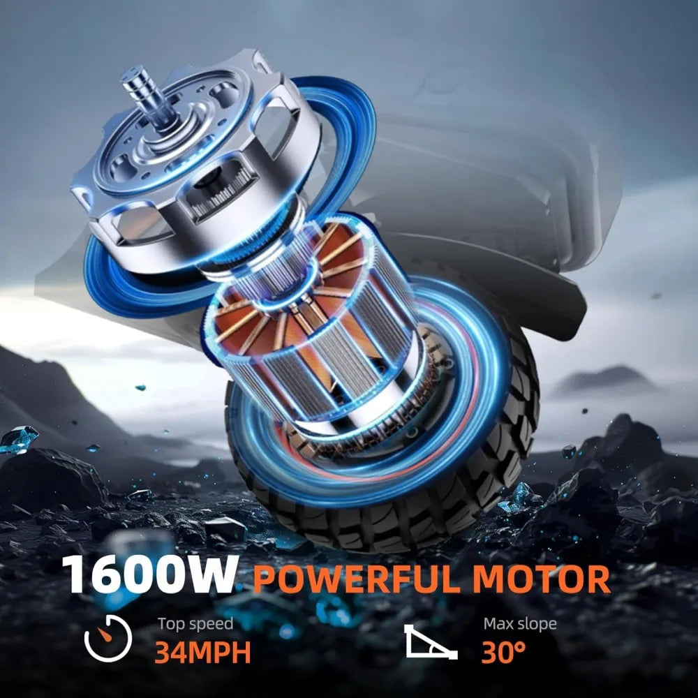 Electric Scooter with Seat - High-Speed Mobility | 1600W, UL Certified showcasing powerful 1600W motor with 34MPH top speed and 30° climbing ability.