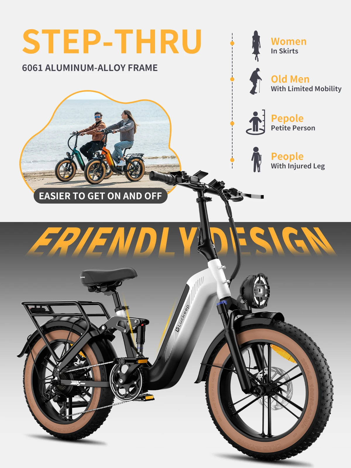 Luckeep X3 Electric Bike with step-thru 6061 aluminum-alloy frame, ideal for women, seniors, and riders with limited mobility or injuries.