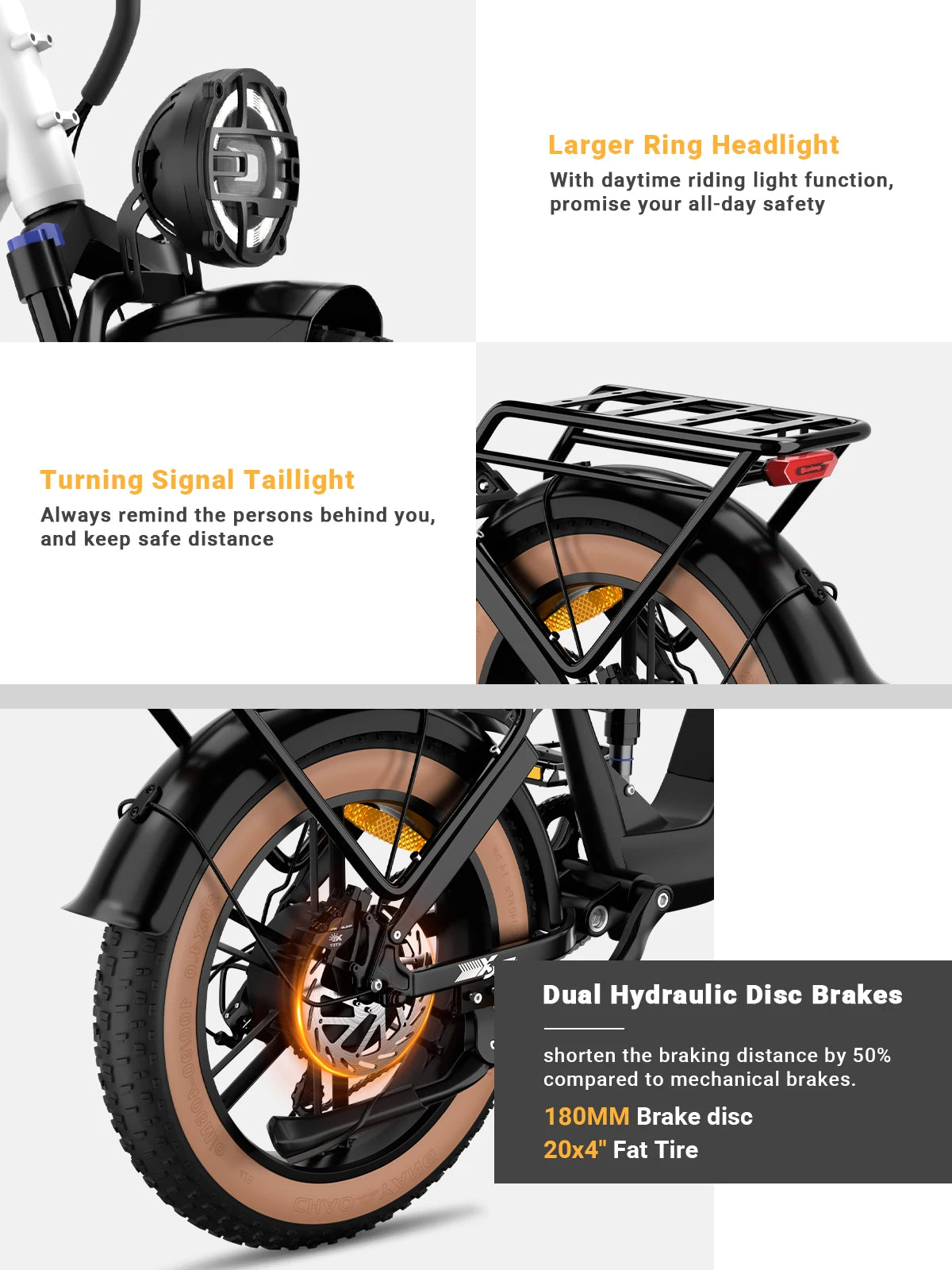 Luckeep X3 Electric Bike equipped with large headlight, turning signal taillight, dual hydraulic disc brakes, and 20x4” fat tires for safety.