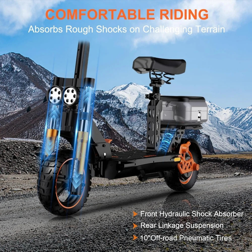 Electric Scooter with Seat - High-Speed Mobility | 1600W, UL Certified designed for comfort with hydraulic shocks and 10-inch off-road pneumatic tires.