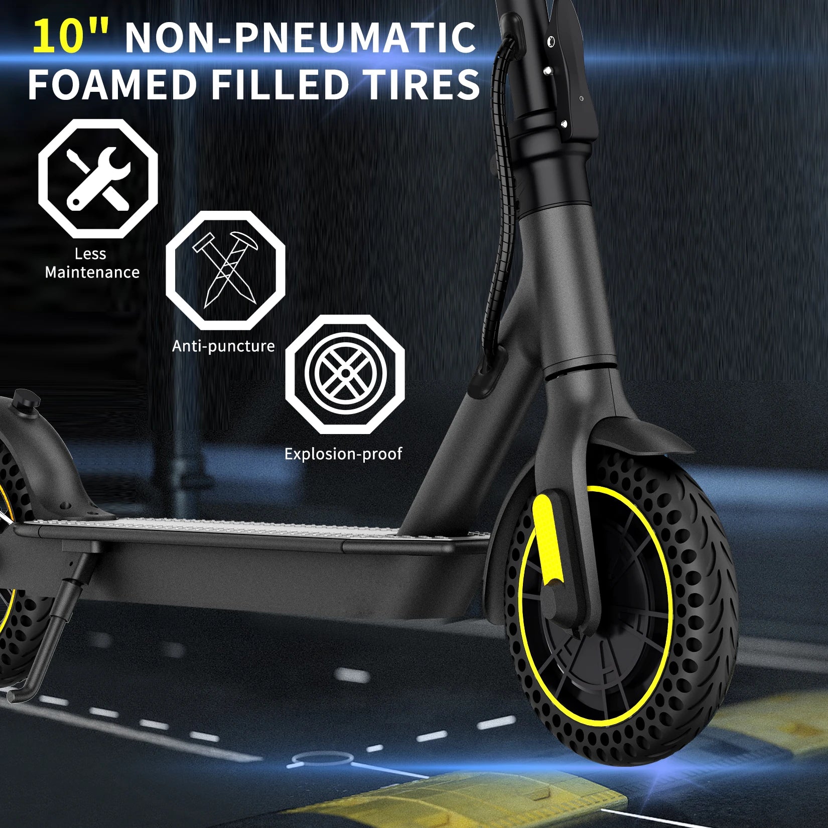 Close-up of 10-inch wheels on electric scooter